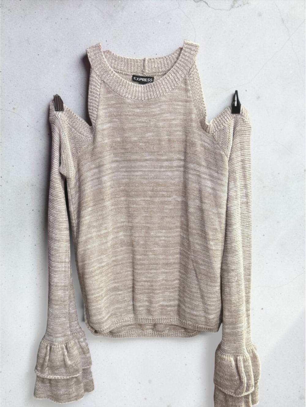 Express Small Beige Cold Shoulder Sweater Ruffle Bell Sleeve Y2K Open Shoulder